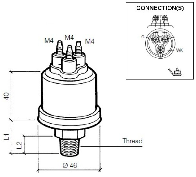 VDO pressure sender, 10 bar, 1/8''-27, mass-free, warning contact 0,8 +/- 0,15 bar