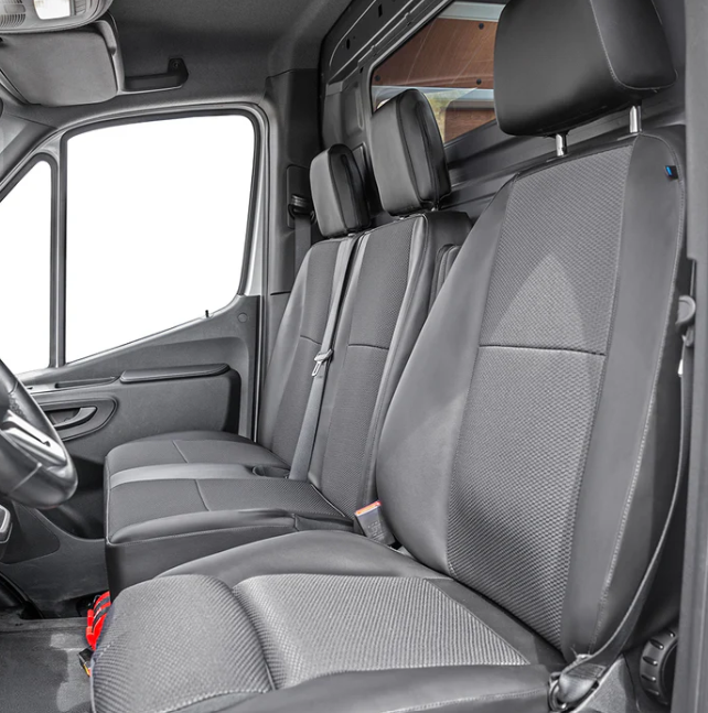 Mercedes Benz Sprinter 907 from 06/2018: Seat covers for driver and double passenger as set with airbag function, with extendable thigh support